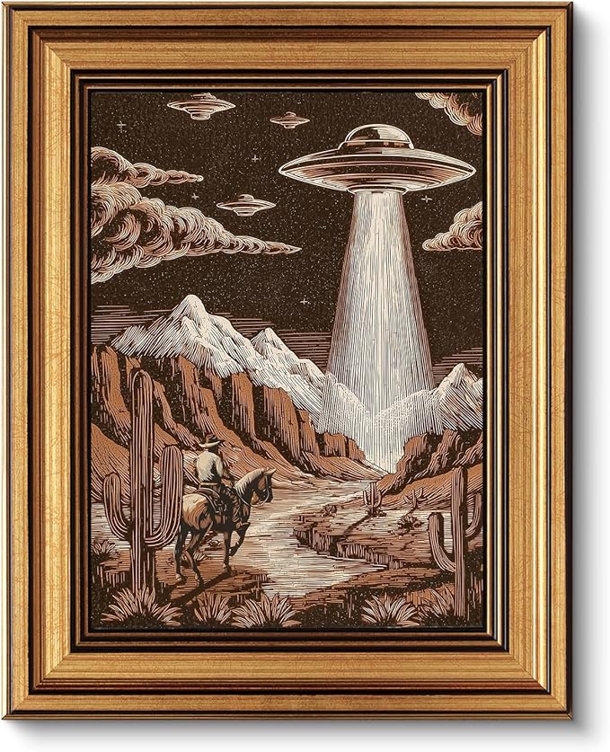 VIYYIEA Gold Small Framed Canvas Art, Vintage Western Landscape UFO Art Prints,8x10Inch, Southwest Retro Cactus Cowboy Decor for Bedroom Living Room Office Shelf, Sci - fi Poster, Cozy Brown Decor