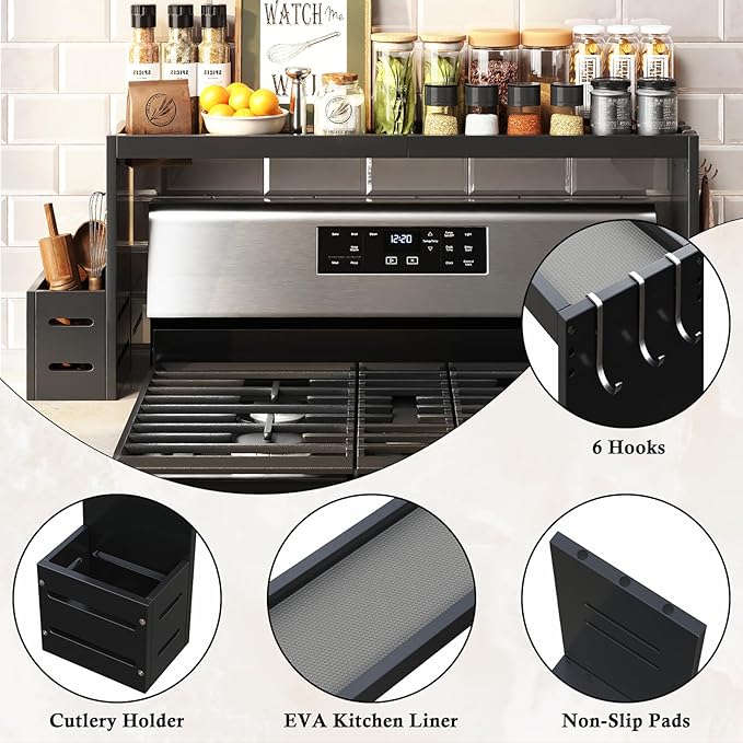 Bamboo Stove Shelf, Spice Shelf for Kitchen Stove, 31in Over the Stove Shelf, Stove Top Shelf for Back of Stove with EVA Kitchen Liner, Utensil Holder & 6 Hooks, for Over Stove(Black)