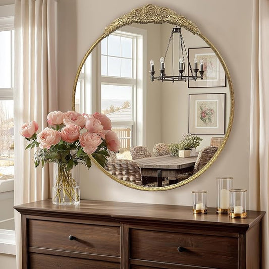 Growsun Round Wall Mirror with Vintage Gold Floral Frame – 28 Inch Decorative Wall Mirror for Living Room, Bedroom, Entryway, Bathroom Vanity – Elegant Antique Accent Home Décor