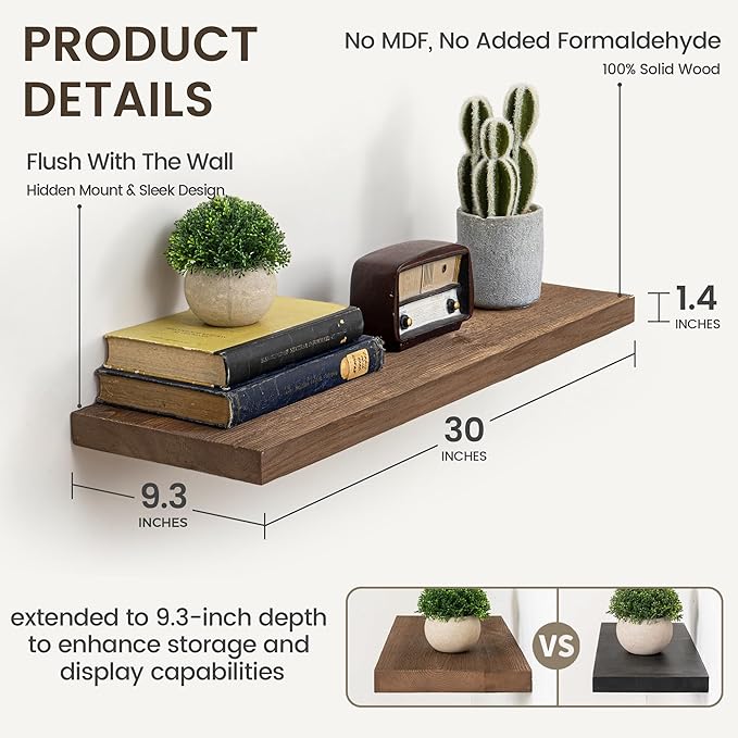 Marsmiles 30 Inch Floating Shelves | 9.3 Inch Deep Dark Wood Wall Shelves Set of 2 | Rustic Reclaimed Wood Shelves for Room Wall | Farmhouse Floating Shelves for Living Room Bathroom