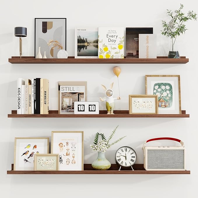 Axeman 48 Inch Floating Shelves | Walnut Picture Ledge Shelf Set of 3 | Rustic Wood Wall Shelves with Lip | 48" Walnut Picture Shelf for Wall with Ledge | Photo Shelves