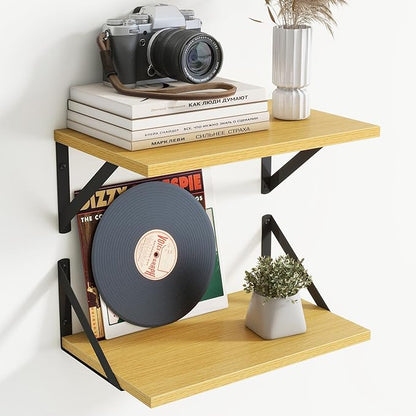 8" Deep Floating Shelves for Wall,16 inch Wood Wall Shelves Set of 2,Wide Floating Bookshelf with Sturdy Metal Brackets,Hanging Storage Floating Shelf for Living Room,Bedroom,Bathroom,Office,Oak