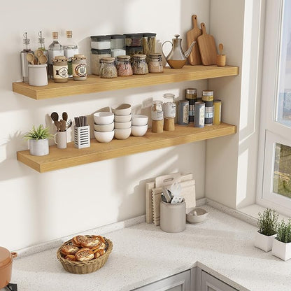Fun Memories 55 Inch Fireplace Mantel Shelf, 10 Inch Deep Shelves for Display & Wall Storage, Rustic Wood Wall Shelf, Extra Long Floating Shelves for Living Room Laundry Room, Oak, Set of 1