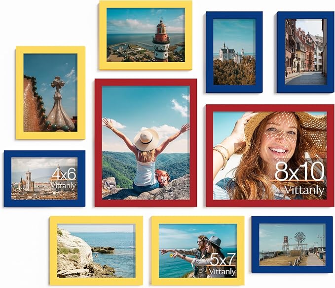 Vittanly Picture Frames Set of 10, Picture Frames Collage Wall Decor with Two 8x10, Four 5x7 and Four 4x6 Photo Frames, Gallery Wall Frame Set for Wall or Tabletop Display, Red, Yellow and Blue