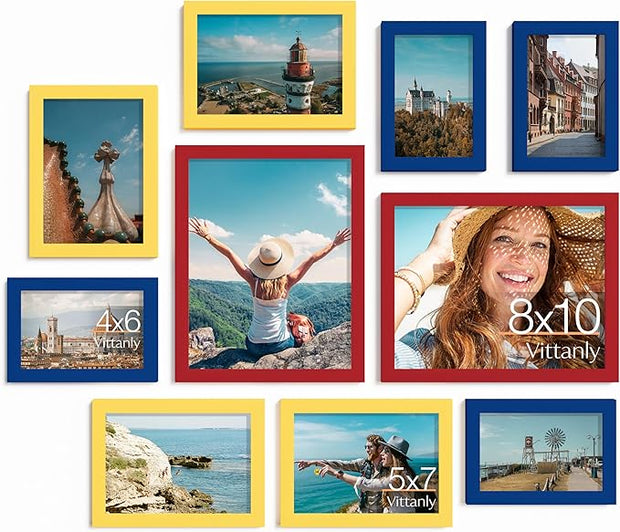 Vittanly Picture Frames Set of 10, Picture Frames Collage Wall Decor with Two 8x10, Four 5x7 and Four 4x6 Photo Frames, Gallery Wall Frame Set for Wall or Tabletop Display, Red, Yellow and Blue