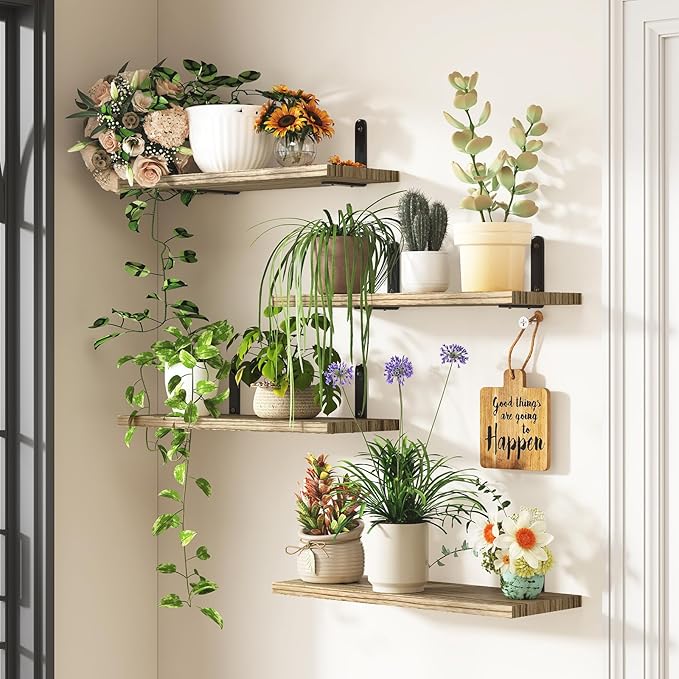 Fixwal Wall Floating Shelves for Room Decor, 4 Sets Floating Shelves for Wall Storage, Wood Wall Mounted Shelf for Bedroom Decor, Bathroom Storage, Book Shelf for Wall-Rustic Brown | for Room Decor, Floating Shelves, for Wall Storage, for Bedroom Decor...