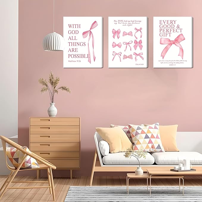 Pink Bow Canvas Wall Art Set of 3, Pink Coquette Dorm Room Wall Decor Paintings, Inspirational Scripture Verses Bows Posters Prints Pictures for Girls Dorm Room Bathroom Bedroom 12x16 Inch Framed