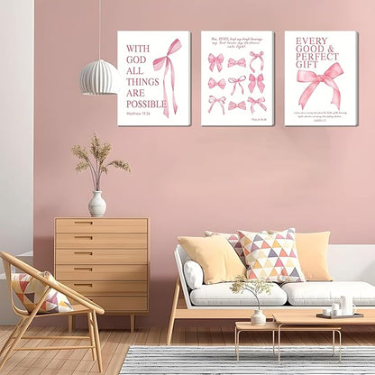 Pink Bow Canvas Wall Art Set of 3, Pink Coquette Dorm Room Wall Decor Paintings, Inspirational Scripture Verses Bows Posters Prints Pictures for Girls Dorm Room Bathroom Bedroom 12x16 Inch Framed