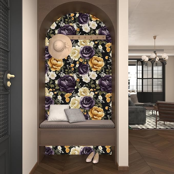 Floral Black Vintage Wallpaper Peel and Stick Dark Purple Beige Peony Contact Paper 17.5