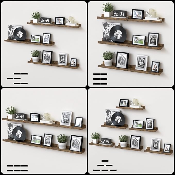 Floating Shelves Set of 6, Farmhouse Wall Shelves with Lip, Display Shelves for Wall Decor, Rustic Picture Ledge for Living Room, Bedroom, Nursery, Bathroom, Pictures, Books, Plants- Brown