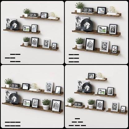Floating Shelves Set of 6, Farmhouse Wall Shelves with Lip, Display Shelves for Wall Decor, Rustic Picture Ledge for Living Room, Bedroom, Nursery, Bathroom, Pictures, Books, Plants- Brown