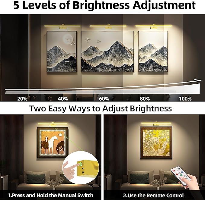 4 Pack Picture Lights for Wall, 23in Art Lighting for Paintings Cordless, 6400mAh Rechargeable Battery Operated Picture Light with Remote Dimmable and Timer for Artwork, Gallery, Display, Gold