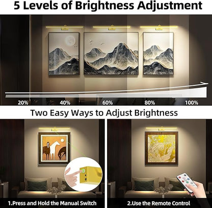 4 Pack Picture Lights for Wall, 23in Art Lighting for Paintings Cordless, 6400mAh Rechargeable Battery Operated Picture Light with Remote Dimmable and Timer for Artwork, Gallery, Display, Gold