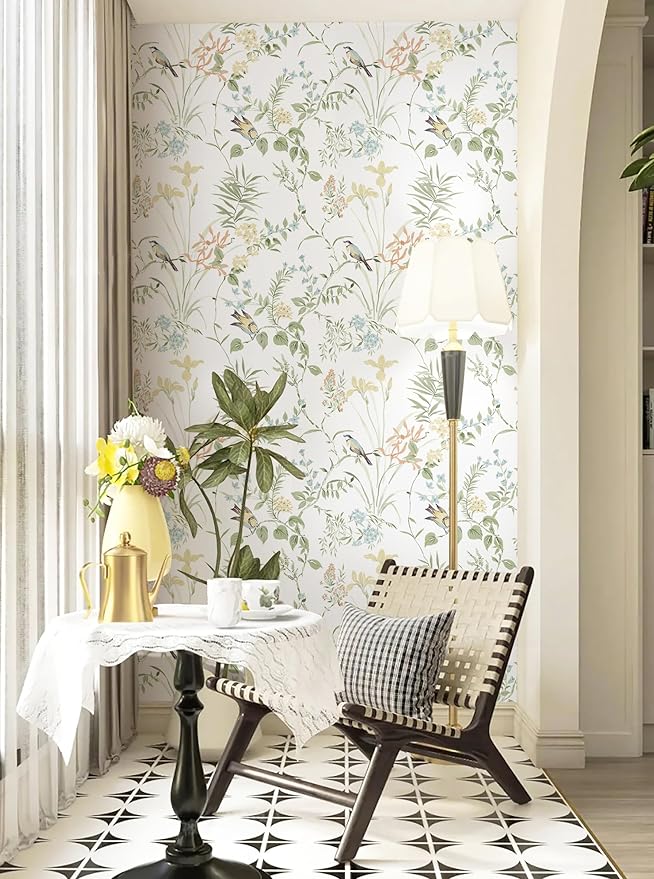 Erfoni 16.9" x197" Modern Floral and Birds Wallpaper Flower Removable Peel and Stick Wallpaper for Bedroom Decorative Self Adhesive Wall Paper Boho Floral Leaf Contact Paper for Accent Walls Covering