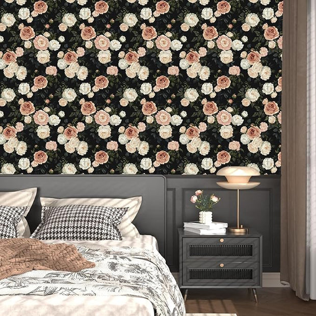 Pink White Rose Peony Wallpaper Peel and Stick Black Floral 17.5in x 393in Vintage Flower Contact Paper Boho Vinyl Waterproof Self Adhesive Flower Botanical Wall Paper for Bathroom Cabinet Decor