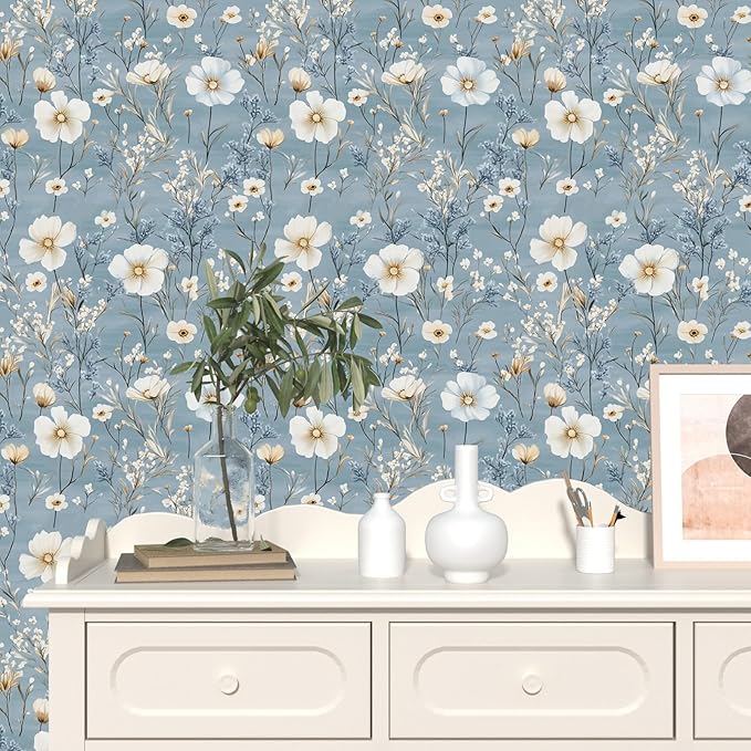 Blue Floral Peel and Stick Wallpaper White Botanical Contact Paper Vintage Leaf Wall Mural for Bedroom Bathroom Vinyl Waterproof Self Adhesive Removable Renter Dorm Wall Paper 17.5" x 118"