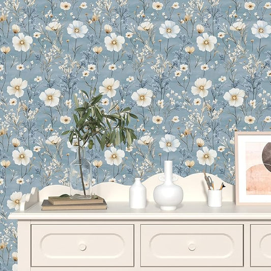 Blue Floral Peel and Stick Wallpaper White Botanical Contact Paper Vintage Leaf Wall Mural for Bedroom Bathroom Vinyl Waterproof Self Adhesive Removable Renter Dorm Wall Paper 17.5" x 118"