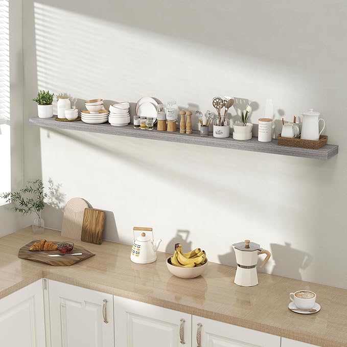72 Inch Floating Shelves for Wall 1 Pack, 72" Wall Shelves for Books, Storage, Decor, Wall Mounted Floating Shelf with Invisible Brackets for Kitchen, Living Room, Gray