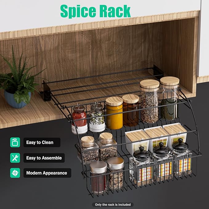3 Tier Spice Rack Metal Seasoning Storage Shelf Cabinet-mounted Spice Holder Kitchen Storage Organizer Shelf with Guardrail and Mesh Design for Kitchen, Countertop, Dining Room, Black