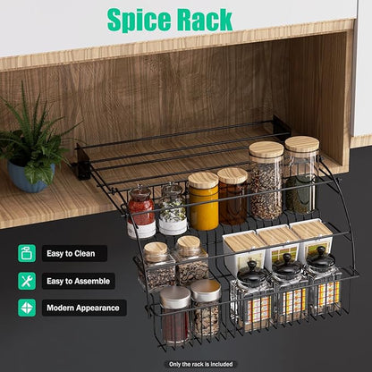 3 Tier Spice Rack Metal Seasoning Storage Shelf Cabinet-mounted Spice Holder Kitchen Storage Organizer Shelf with Guardrail and Mesh Design for Kitchen, Countertop, Dining Room, Black