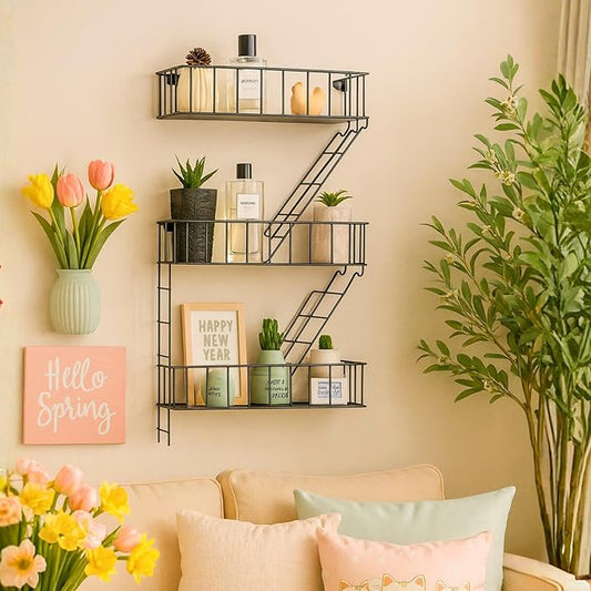 Fire Escape Wall Shelf - New York Decorative Floating Shelf - Wall Art Ladder Shelf - Black Metal Trinket Shelves for Bedroom, Home, Office, Storage and Display (3-Tier)