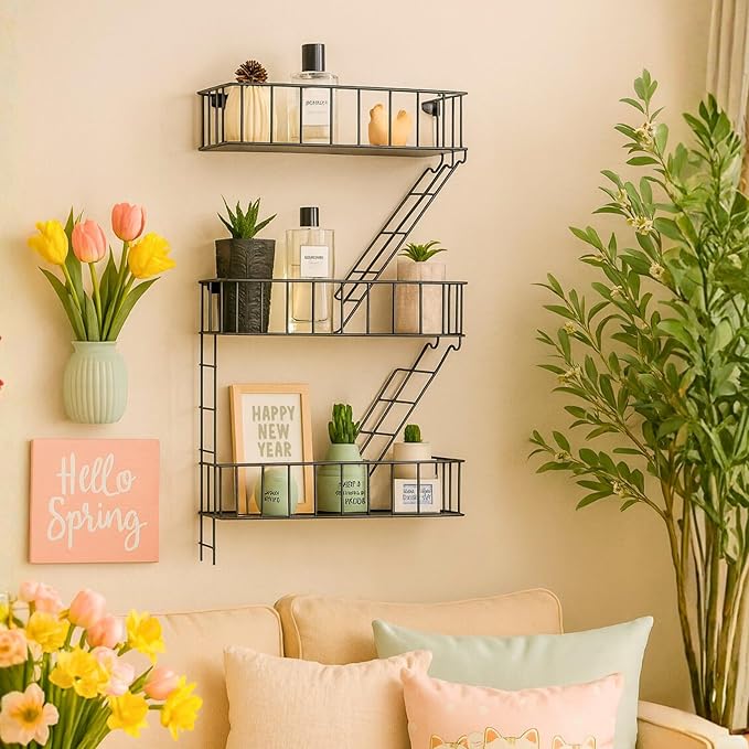 Fire Escape Wall Shelf - New York Decorative Floating Shelf - Wall Art Ladder Shelf - Black Metal Trinket Shelves for Bedroom, Home, Office, Storage and Display (3-Tier)