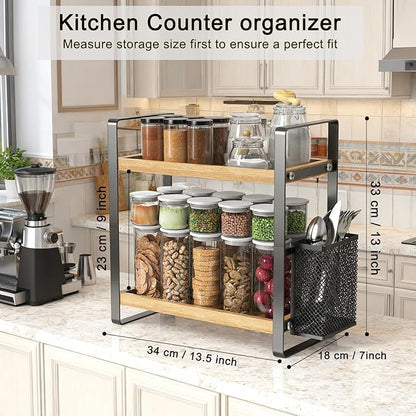 LEMIKKLE 2-Tier Wood Coffee Bar Organizer With Basket,Kitchen organizers and storage,Spice Rack Organizer for Countertop,Kitchen