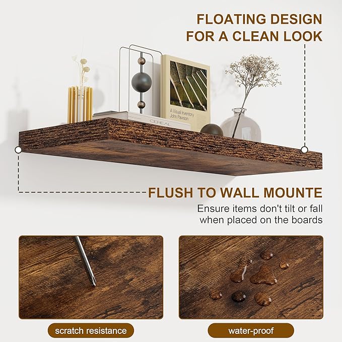 Floating Shelves for Wall, 22.5"W x 8"D Wall Shelf, Rustic Wood Floating Shelf 22.5 Inch Long, Bathroom Shelves Set of 2, 8 Inch Deep Floating Shelves for Living Room, Bedroom, Kitchen, Rustic Brown