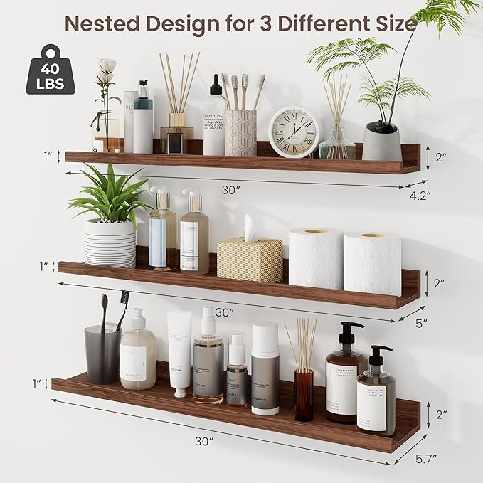 Axeman 30 Inch Floating Shelves | Walnut Picture Ledge Shelf Set of 3 | Rustic Wood Wall Shelves with Lip | 30