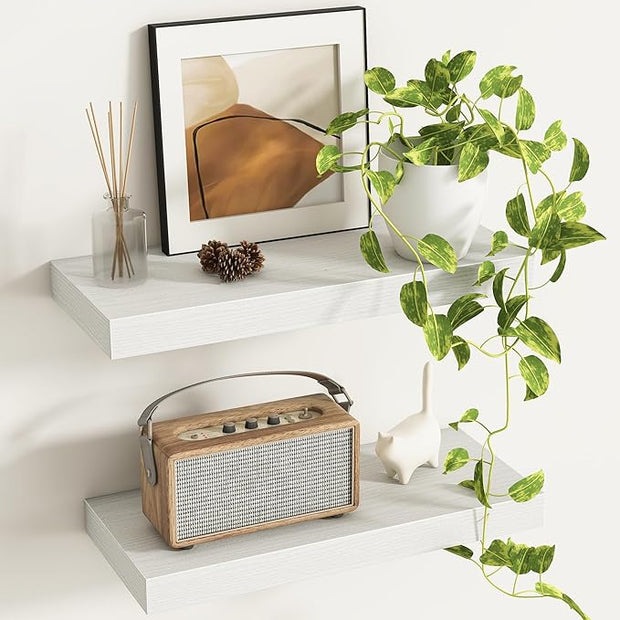 Fun Memories Deep Floating Shelves - 16" W x 9.3" D x 1.6" H Rustic White Wall Shelf - Wall Mounted Shelves for Storage - Wooden Shelves with Invisible Brackets for Living Room, Farmhouse - Set of 2