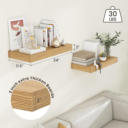 Deep Floating Shelves | 24 Inch Oak Floating Shelves Set of 2 | 12 Inch Deep Rustic Wood Shelves for Wall | 24" W x 12" D Oak Shelves for Living Room Bathroom Laundry Room Kitchen