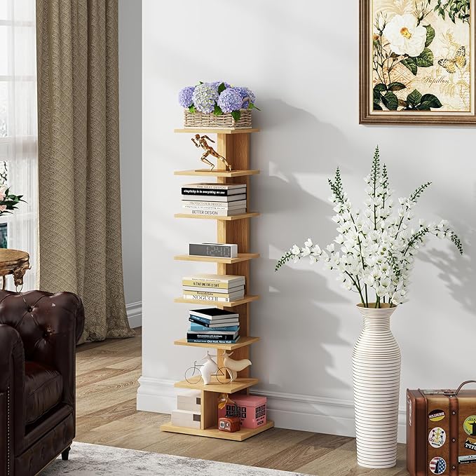 TUTOTAK Narrow Bookshelf, 8-Tier Bookcase, Spine Book Shelf for Small Space, Corner Standing Shelf for Living Room, Office, Study, Entryway, Natural BS06BN008