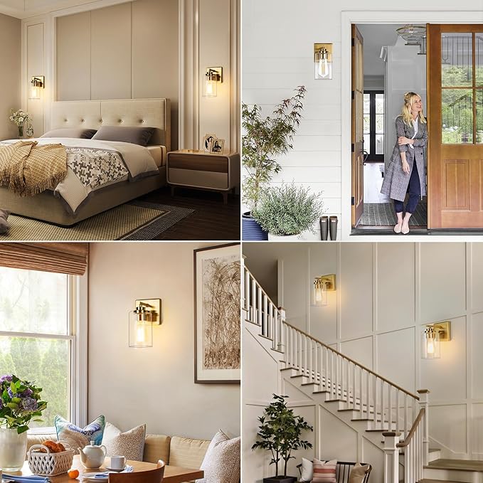 VerRon Wall Sconces, Gold Bathroom Light Fixtures, Modern Vanity Lights, Sconces Wall Lighting with Clear Glass, Sconces Wall Decor Set of 2, Light Fixture for Mirror, Living Room, Bedroom, Hallway