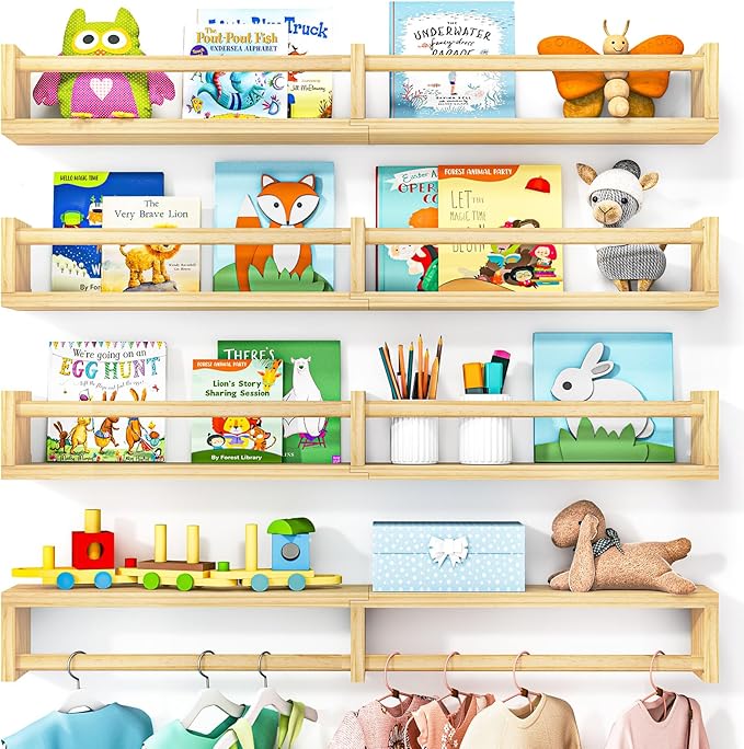 Fixwal Nursery Book Shelves, 32 Inch Floating Bookshelves for Wall Set of 4, Baby Nursery & Playroom Decor, Solid Wood Wall Mounted Shelves for Books and Toys Storage (Natural Wood)