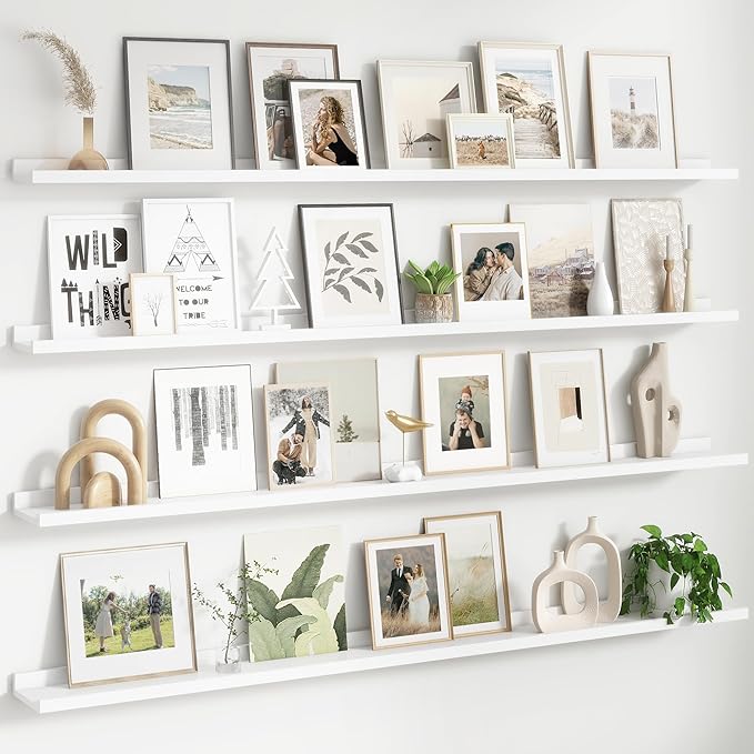 Floating Picture Ledge Shelves for Wall Set of 4, 72 Inch Wall Shelves with Lip Long Large Nursery Book Shelf for Toys Storage Kids Bookshelf Wall Mounted Living Room Bedroom Decor Frames