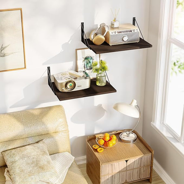 Love-KANKEI Deep Floating Shelves for Wall, 16" W x 12" D Wide Wall Shelves Set of 2, Rustic Large Wood Hanging Shelves for Storage, Bathroom Bedroom Living Room Kitchen Dark Brown