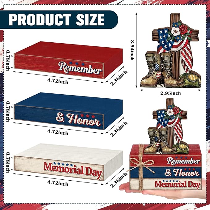 Geelin 4 Pcs Memorial Day Wooden Book Stack Decorations, Patriotic Tabletop Book Sign Set with Boots Cross Helmet and Flag, Rustic Red White Blue Tiered Tray Decor for Home, Office, Veterans Day