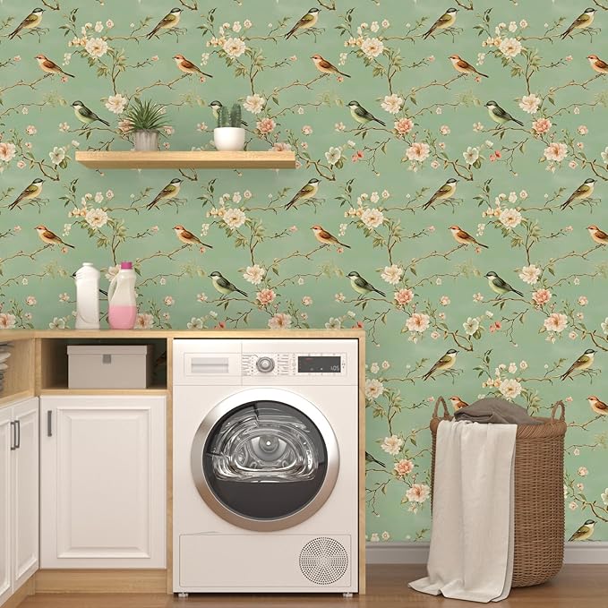 Green Floral Wallpaper Peel and Stick Bird Wallpaper Pink Flower Contact Paper 17.5" × 118" Waterproof Vinyl Self Adhesive Vintage Wall Paper for Bedroom Walls Cabinet Locker Decor