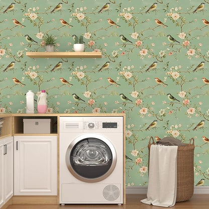 Green Floral Wallpaper Peel and Stick Bird Wallpaper Pink Flower Contact Paper 17.5" × 118" Waterproof Vinyl Self Adhesive Vintage Wall Paper for Bedroom Walls Cabinet Locker Decor