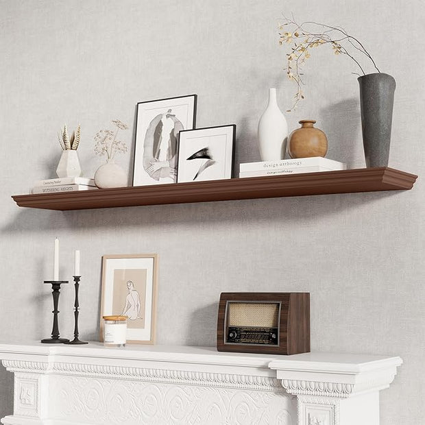 Fun Memories Floating Shelves 55 Inch Long, 9.3 Inch Deep Classic Crown Molding Floating Shelves for Wall, Rustic Wooden Shelves for Wall Decor Bathroom, Kitchen, Office, (Walnut, 1Pack)