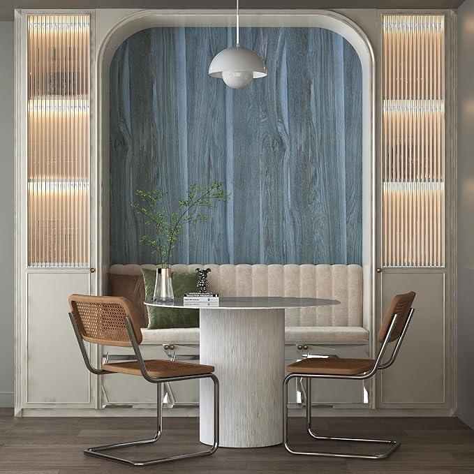 BOMENG Blue Wood Grain Wallpaper Peel and Stick Peacock Contact Paper 48x354inch Extra Wide Wall Paper with Air Guide Slot Design Waterproof for Cabinets Desk Walls Dresser Cover Top Kitchen Cabinet