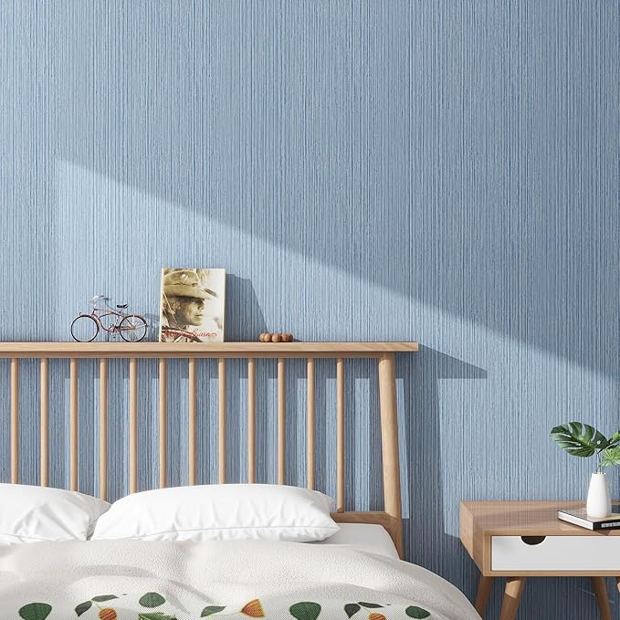 Grasscloth Textured Wallpaper Blue Peel and Stick 24inX393in Fabric Wall Paper Upgraded Thick Self-Adhesive Vinyl Contact Paper for Home Use(Dark Blue)