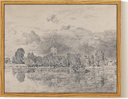 InSimSea Framed Canvas Print Art, Vintage Sketch Church lakeside Landscape Painting, Rustic Farmhouse Cottage Decor for Hallway Wall Floating Shelf Desk Vanity Fireplace,10x8 in, Neutral Tones