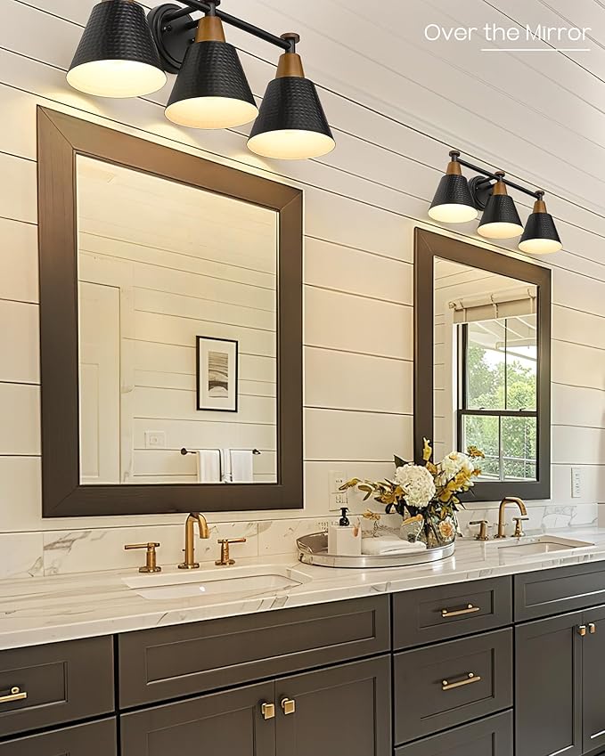 FEMILA Black Bathroom Light Fixtures, 3-Light Bathroom Vanity Lights Over Mirror with Hammered Metal Shade, Modern Wall Lamp for Kitchen Bedroom Living Room,4FG59B-3W BK