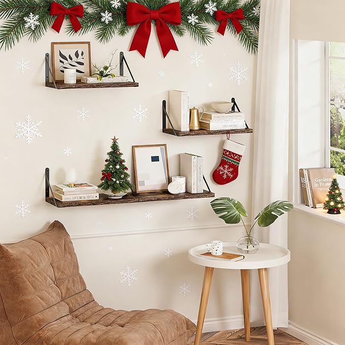 Heimlove Floating Shelves for Wall, 36 Inch Long Wood Floating Bookshelf Set of 3, Wall Mounted Hanging Shelf for Bathroom Bedroom Kitchen, Rustic Brown