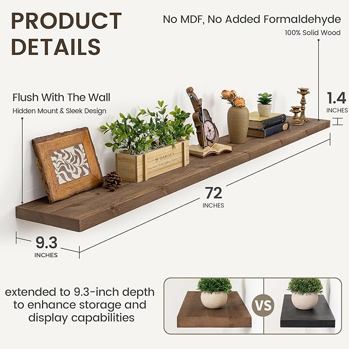 Marsmiles 72 Inch Floating Shelf | 9.3 Inch Deep Dark Wood Wall Shelf Set of 1 | Rustic Reclaimed Wood Shelves for Room Wall | Farmhouse Floating Shelves for Living Room Bathroom