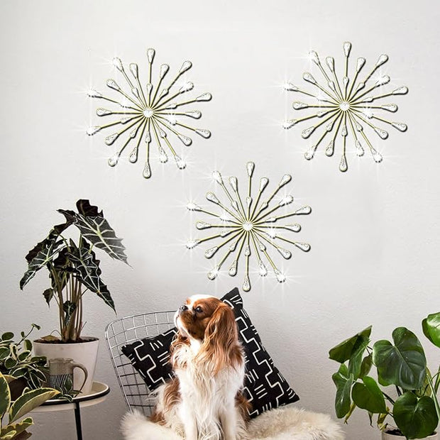 ZEXUIRU 3 Pack Gold Sunburst Wall Decor – Metal Crystal Wall Art with Sparkling Rhinestones, 14’’/18 Inch Starburst Wall Hanging Set for Living Room Bedroom Bathroom – Modern Bling Home Decorations