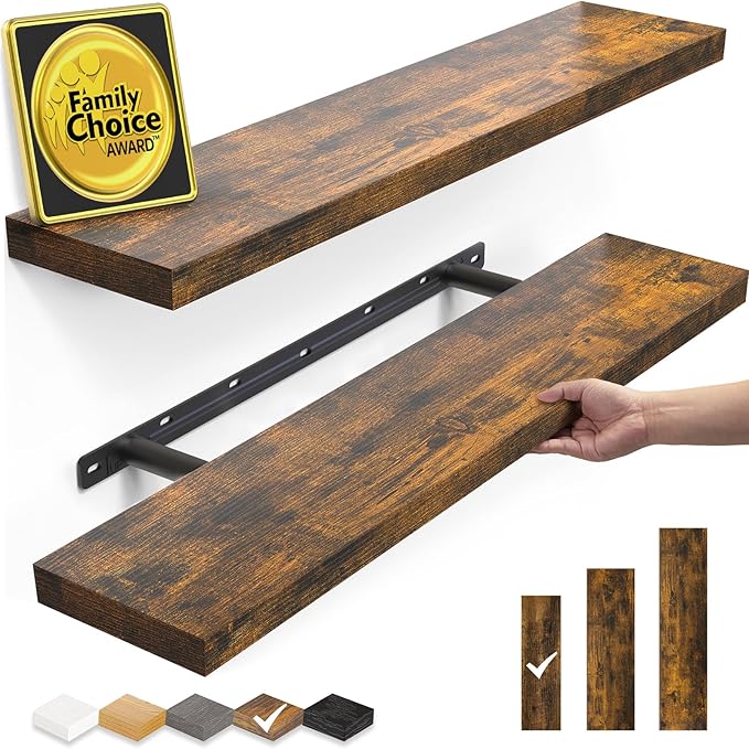 BAYKA Floating Shelves, 22.5 inches Rustic Wood Wall Shelves for Bathroom，Bedroom, Living Room, Kitchen & Book, Hanging Display Decor Organization Shelf with 22 lbs Capacity (Rustic Brown)