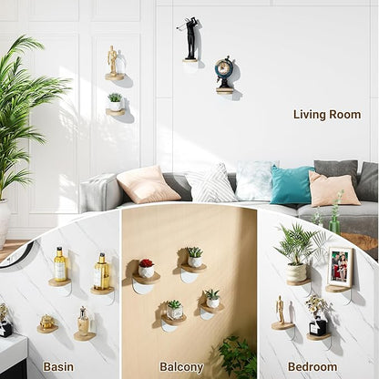 SAYAYO Small Floating Shelves for Wall Storage, 4 x 4 Inch Adhesive Wall Shelves for Bedroom Decor, Mini Display Wood Shelf Organizer with White Base for Living Room, Office, Balcony, 4 Pcs