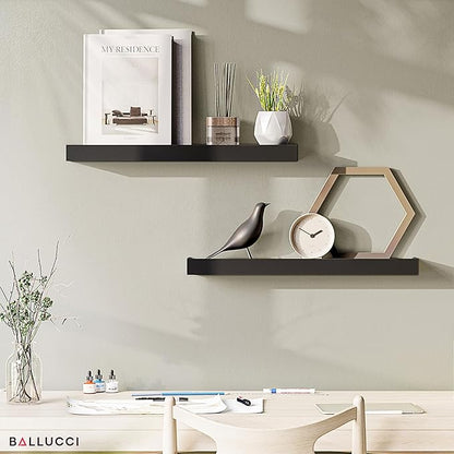 Ballucci Modern Floating Shelves 24", Set of 2 Wood Wall Mount Ledges for Nursery, Living Room, Bathroom, Kitchen, Office, Black